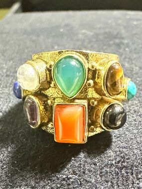 Vtg: **Unisex** Brass & Natural Mixed Glass Gemstone  Wide Band Ring